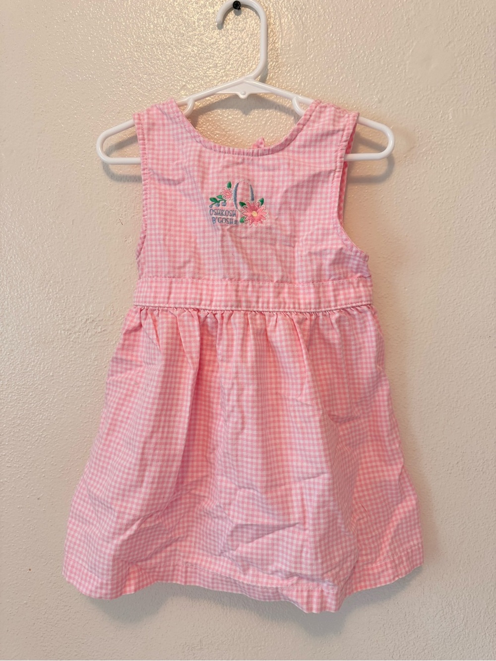 Vintage OshKosh B'gosh Pink Gingham Sleeveless Dress with Floral Embroidery